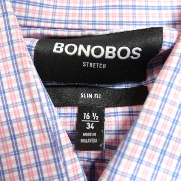 Bonobos Shirt Large 16.5 Pink Blue Plaid Slim Fit Cotton Blend Stretch - Picture 3 of 6